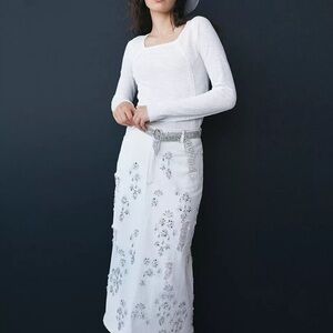 We The Free White Floral silver beaded denim Midi Skirt size 6